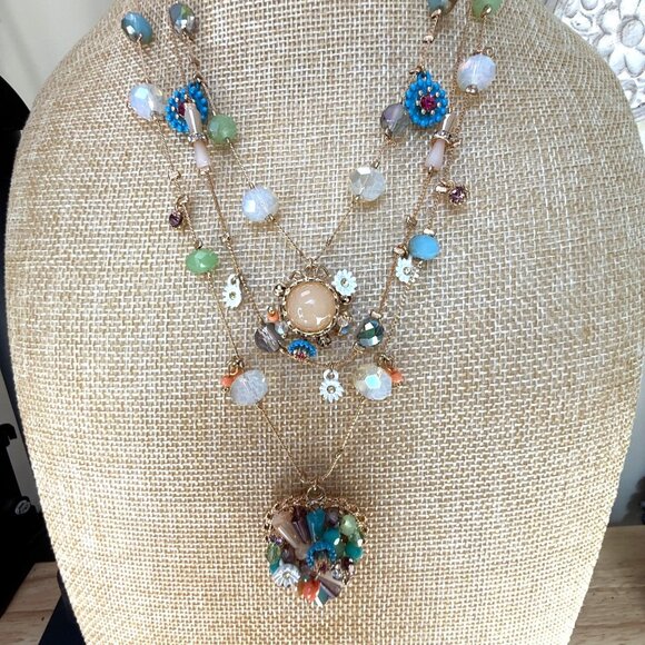 Betsey Johnson Multicolor Bead & Flower Heart Pendant Layered Necklace Gold-Tone - Picture 1 of 15